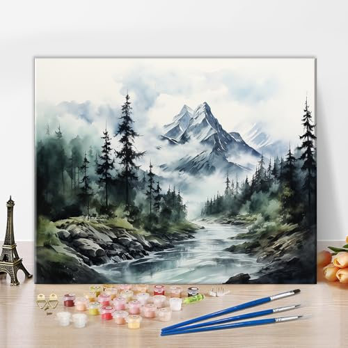 TISHIRON Peinture par numéros pour adultes - Peinture par numéro - Paysage de montagne avec rivière - Peinture abstraite par numéros pour adultes - Paysage naturel - Peinture à l'huile - 40,6 x 50,8
