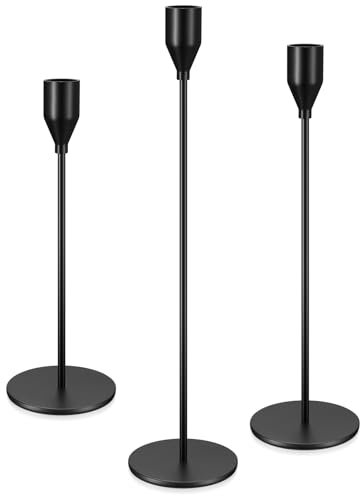 3 Pcs Black Candle Holders, Vintage Black Candlestick Holders for Taper Candle Stand Holders, Metal Candle Sticks Holder for Home Dinner Wedding Party Tabletop Decor Housewarming Gift 13/11/9