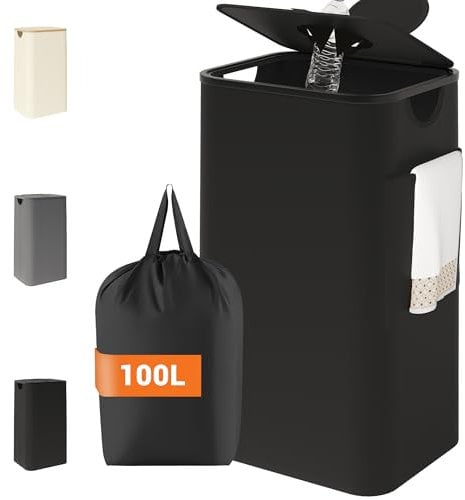 YOUDENOVA 100L Contenitore per Bottiglie con Coperchio & Ermetico, Pattumiera da Cucina, Raccolta Vuoti & Vetro, Bidone per Riciclaggio, Supporto per Sacco Spazzatura, Nero