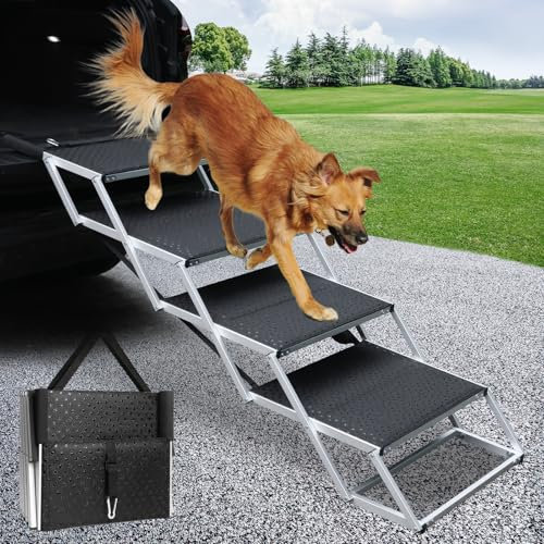 SDLDEER Escalera para perros, coche, 4 peldaños, plegable, ayuda para entrar en el coche, para todos los vehículos, altura ajustable, soporta hasta 80 kg