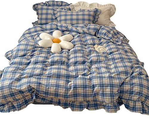 CONGRUI 4-teiliges Bettwäsche-Set für Doppelbett, Einzelbett, Frühling und Herbst, Baumwolle, blaues Gitter mit Spitze