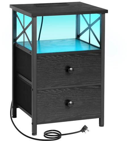 AMHANCIBLE Bedside Table, Side Table with Charging Station and Led Lights, Bedside Cabinet with 2 Fabric Storage Drawers, End Table, Sofa Side Table, Nightstand for Living Room, Black HET052LBK-1