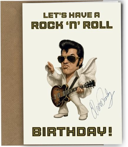 Elvis Autogramm-Geburtstagskarte, signiert, A5, Let's have a Rock 'n' roll Birthday! – Musik-Fan, digital illustriert, gedruckt auf 350 g dickem Karton, Nr. 1864