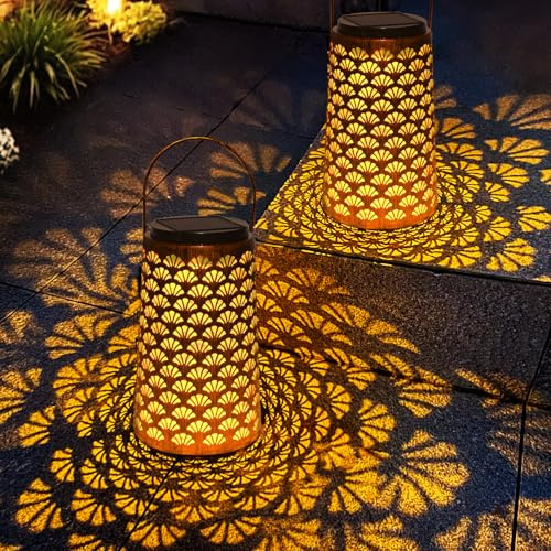 OUSFOT Solarlaterne für Außen Muschel 2 Stück | Zwei Beleuchtungsmodi Solarleuchten, für Garten, Draußen, Gartendeko, Patio, Camping, Rasen