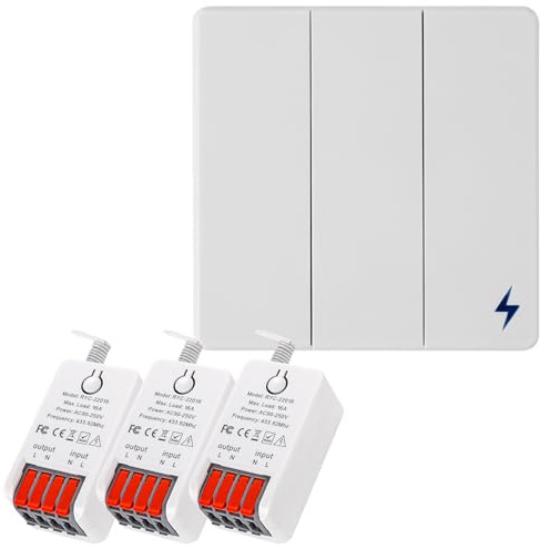 Wireless Light Switch, 86 Type No Wiring DIY Light Switch Kit with 16A Receiver, AC 90-250V Long Range Remote Control Light Switch for Home/Garage (1 Switch 3 Receiver)