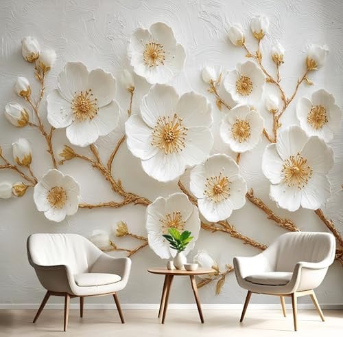 GSAEIMCT Flower Lines Murals Golden White 3D Relief Plants Wallpaper Mural Photo Wall Art Bedroom Wallpaper Tv Background for Living Room Bedroom Hallway Feature Walls Decoration,300X210Cm