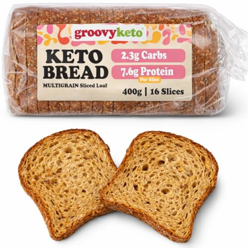 Groovy Keto Bread Low Carb Sliced Loaf - 2.3g Carbs, 7.6g Protein, 16 Slices (400g) Multigrain Seeded, Diabetic Friendly, Low Calorie 67 Kcal (1 Pack)