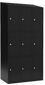 kaiserkraft | 3er-Schließfachschrank Fydor | 3 Abteile | Schwarz | B 900 mm | schräge Dachform | Zylinderschloss