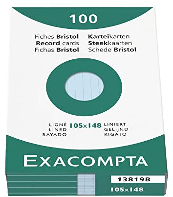 Exacompta 13819B 100er Pack Karteikarten liniert DIN A6 in Kartonschachtel 10,5 x 14,8cm ideal für die Schule und Universität zum Lernen blau