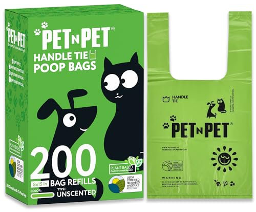 PET N PET Dog Poo Bags with Easy-tie Handles, Unscented Leak Proof Dog Bags for Poop, Certified 38% Biobased Dog Waste Bag Measures 8 x 15 Inches, Cornstarch