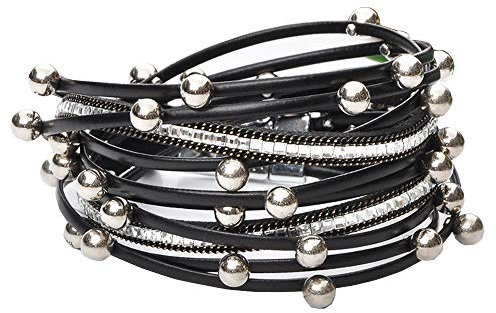 Cheerlife Mehrschichtig Leder Wickelarmband künstliche Perlen Mädchen Damen Party Kleid Zubehör Magnetverschluss Armband (Schwarz)