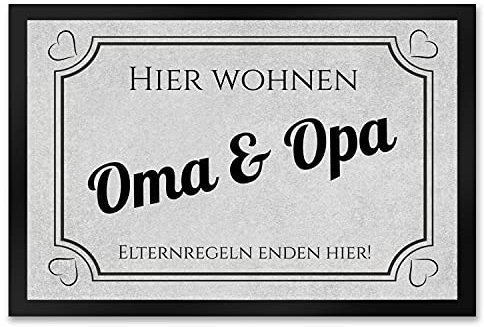 trendaffe - Hier wohnen Opa und Oma Fußmatte XXL in 50x75 cm - Elternregeln Enden Hier in grau mit Herz die Omi und Opa Schmutzfangmatte als Geschenkidee für die liebsten Menschen auf der Welt