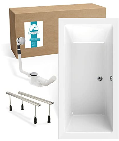 Calmwaters® Rechteck Badewannen-Set 190x90 cm mit Wannenfüßen & Ablaufgarnitur, Acrylwanne Modern Square 2, Körperformwanne, Set Badewanne komplett, 190 x 90 cm, Weiß, 99000308