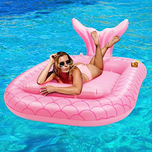 HeySplash Aufblasbares Pool Luftmatratze mit Tassenhalter, Pool Aufblasbares Bett in Meerjungfrau Schwanzform Sommer Pool Spielzeug Tragbar Große Aufblasbare Bräunung Pool Freien Schwimmende Flöße