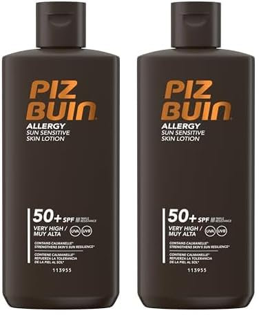 PIZ BUIN Allergy Sun Sensitive Skin Lotion FPS 50 (200 ml), protector solar corporal con FP50, protección solar muy alta para pieles sensibles, loción corporal con filtros UVA/UVB (Packung mit 2)