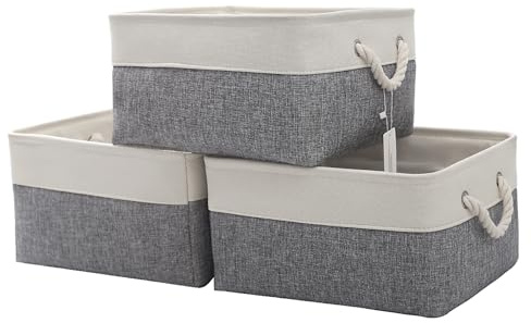 CREADARD Small Storage Box with Cotton Handles, Fabric Foldable Linen Canvas Wardrobe Storage Baskets for Living Room, Laundry Room, Kids Room and Bedroom (GreyWhite 3pcs)