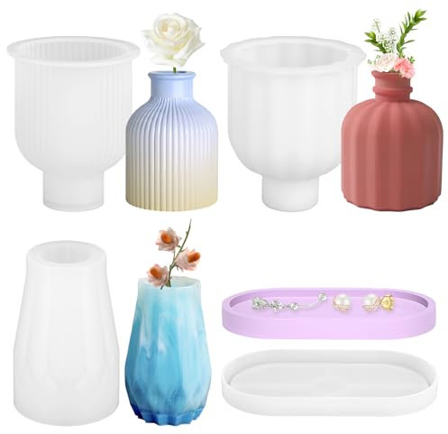 jwogngls 4 Stück Silikonformen Gießformen Vase, DIY Silikonform Vase, Gießform Vase mit 3 Blumentöpfen + 1 Tablett, Silikonformen Vase für Herstellung von Stifthaltern, Vasen, Wohndekoration