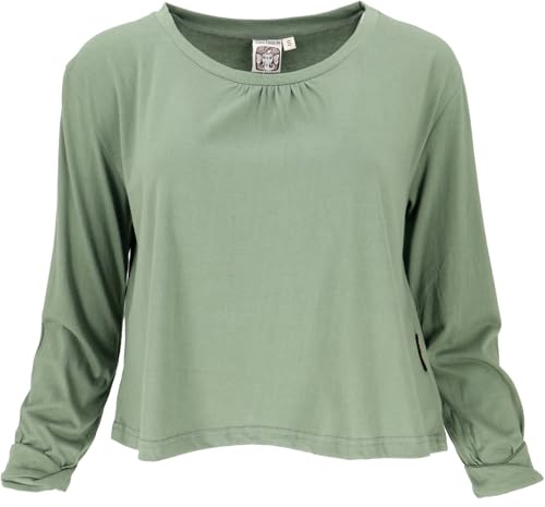GURU SHOP Einfarbiges Basic Shirt, Lockeres Langarmshirt aus Biobaumwolle - Grün, Damen, Size:L