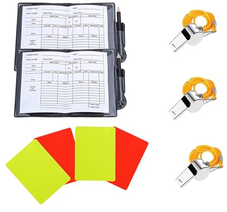 Youery 2 Stück Schiedsrichter Set,4 Blätter Fußball Schiedsrichter Karten,Set mit PVC Rote Gelbe Karte（2 gelb, 2 rot,3 Stück Pfeifen-Schlüsselband,Geeignet für Sporttraining, Fußball