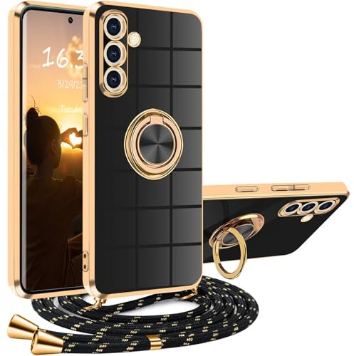 Hülle Samsung Galaxy A55 5G mit Band, Handyhülle Samsung Galaxy A55 mit Kette Kordel Ständer Kratzfest Silikon Handykette Stoßfeste Schutzhülle für Samsung Galaxy A55 5G, Schwarz