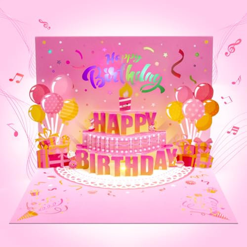 Kittenice Geburtstagskarte mit Musik, 3D Geburtstagskarte Pop Up mit Auspustbare Kerze, Kuchen, Rosa Popup Karte Geburtstag mit Umschlag, Happy Birthday Karte für Mädchen, Freundin, Schwester, Tochter