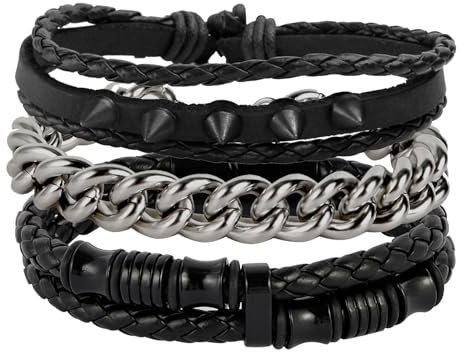 Eigso 3 pezzi bracciali in pelle intrecciata corda per uomini donne vintage anni '80 nero bracciali retrò per uomini donne