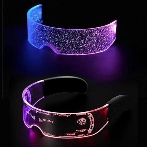 Yomaido Cyberpunk-Brille, LED-Visierbrille für futuristische Party, 7 Farben, LED-Leuchtbrille, Neonbrille für Festival, Bar, Club, Party, gemischte Farben und futuristisch, 2 Stück