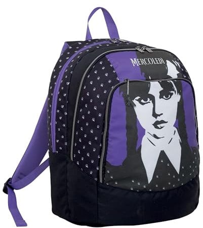 Zaino Scuola Doppio Scomparto, MERCOLEDÌ ADDAMS Viola e Nero, Tasca Porta Borraccia, Bambine e ragazze, Scuola Elementare e Medie