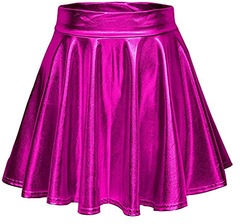 Damenrock, dehnbar, metallic, glänzend, A-Line, Shiny, Minimode, lässig, Plissee-Rock, metallisch, ausgestellt, für Damen, Rock, Rosa und Schwarz, Lederrock, Hot Pink, M