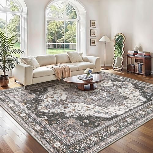 GENIMO Vintage Teppich Wohnzimm 120x170CM Teppich Schlafzimmer Waschbare Kurzflor rutschfest Boho Carpet, Darkgrau