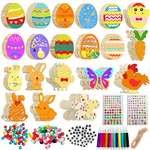 Ostern Basteln Holz, 264 Stück Holzanhänger Ostern Zum Bemalen, Osterdeko Basteln Kinder, Osteranhänger Holz, Bastelset Ostern Kinder mit Schnur, Aquarellstift, Aufkleber, Pompons, Glocke, Auge
