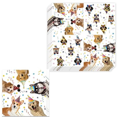 DazzJoy 20 Stück Servietten Hunde Geburtstag Deko, Hundegeburtstag Serviette 33X33cm, Bunt Tiere Hund Geburtstagsservietten, Welpe Papierservietten für Kindergeburtstag, Babyparty,Haustiere Party Deko