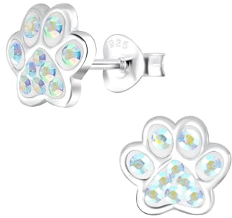 Monkimau Mädchen Ohrringe Paw Print - Crystal AB | Ohrstecker aus 925 Sterling Silber | Kinderohrringe hypoallergen