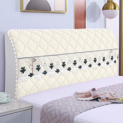 JANEMUA Bed Headboard Slipcover with Lace Pocket, Solid Color Headboards Cover, Lozenge Pattern Dustproof Protector Cover-Beige||240cm