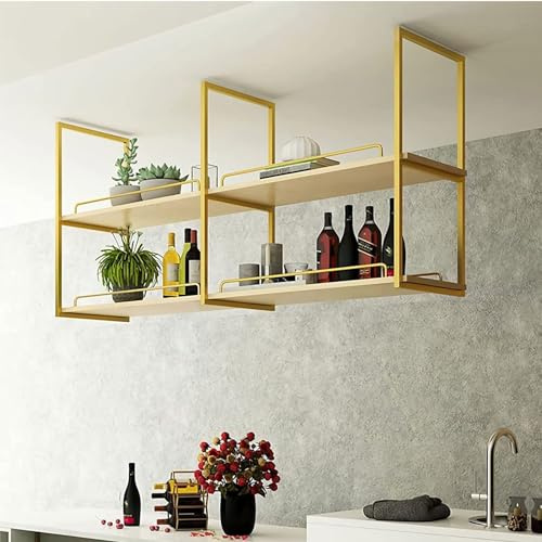 Drsyffsup 2-stöckiges Deckenregal mit Geländer, 80–140cm, schwebendes Hängeregal, vielseitiges Küchenregal zur Aufbewahrung von Töpfen und Pfannen(Gold,80x30x80cm)