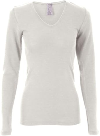 Living Crafts - Felicia | Langarm-Shirt - Funktionale und Elegante Unterwäsche, Bio-Wolle und Seide, Atmungsaktiv, V-Ausschnitt mit Spitzenborte (, Natural)