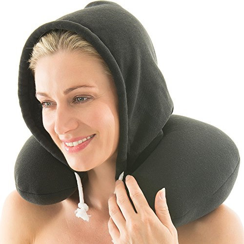 CelinaTex Nuca Nackenhörnchen mit Kapuze 32 x 31 cm schwarz Micropearls Nackenkissen Reise Kissen stützende Funktion