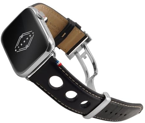 Eternel - Rallye Bracelet culte - Compatible toutes Apple Watch - 41/42mm - Fait main en France - Tannage végétal - Noir - Adaptateurs acier inoxydable