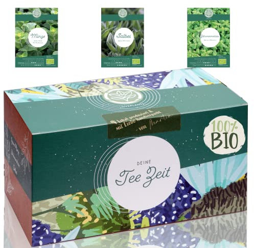 Bio Geschenk Anzuchtset – 3 Sorten Tee Kräuter Samen für dein eigenes Indoor oder Garten Kräuter Projekt | mit extra viel Tee Kräuter Saatgut. Handmade verpackt als einzigartiges Geschenk.