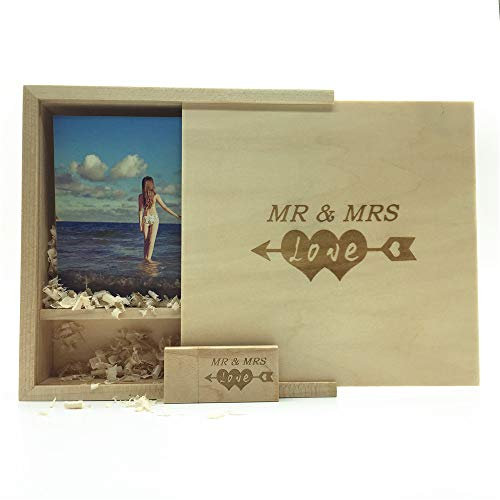 LXSINO 32GB USB 3.0 Flash Drive with Laser Engraved Mr & Mrs Design – 32GB Wood USB Stick with Box (size:170x170x35mm) for Wedding, Couple, Parents (Maple Wood)