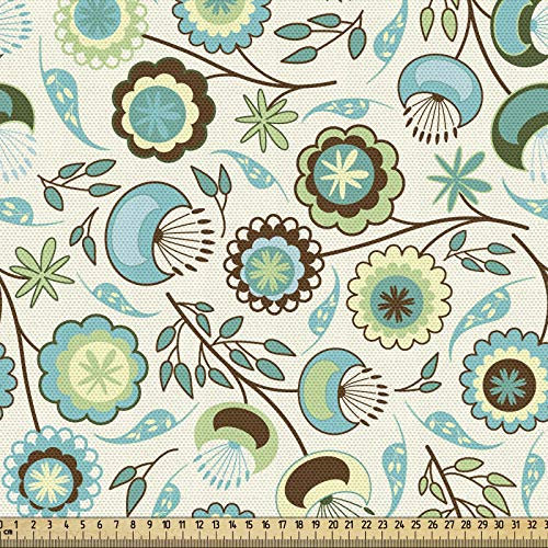 ABAKUHAUS Blumen Gewebe als Meterware, Pastell Künstlerische Natur, Dicht Gewebter Stoff zum Nähen Polster Wohnaccessoires, 3M (148x300cm), Mintgrün Himmelblau Beige
