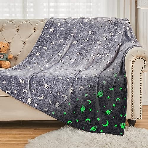 SOCHOW Glühen im Dunkeln Decke 127 x 150 cm, Galaxie Sterne Muster Flanell Fleecedecke, Grau Ganzjahresdecke für Kinder