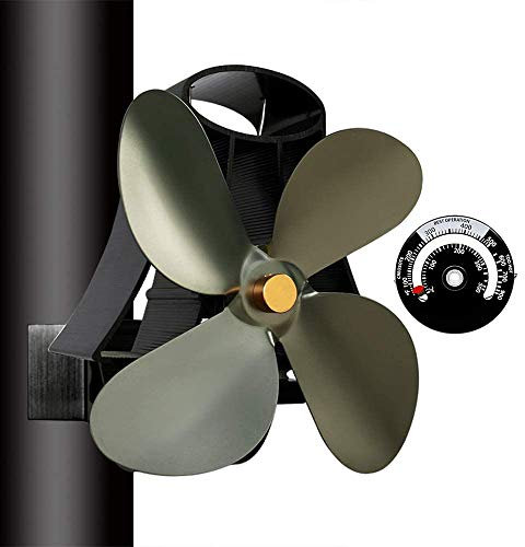QJUZO Stromloser Ventilator Kaminventilator Ofenventilator für Kamin Feuerstelle Holzöfen Öfen Hitzebetrieben Umweltfreundlich Geräuscharmer 4 Rotorblätter mit Thermometer,Grau