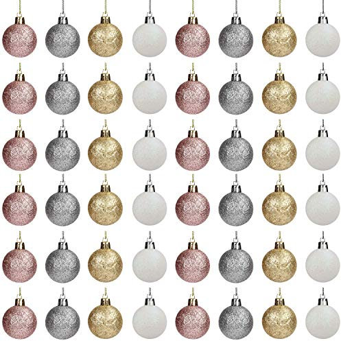 BELLE VOUS 48 Pack Christmas Baubles - 4cm Glittering Baubles 12 each of Silver, Gold, White & Rose Gold with String for Christmas Tree Decorations Xmas Party Decoration Ball Hanging Ornaments