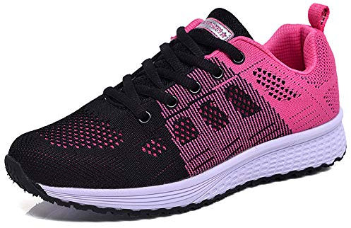Minbei Damen Turnschuhe Hallenschuhe Atmungsaktiv Outdoor Fitnessschuhe Laufschuhe Schnürsenkel Frauen Sportschuhe Flach Rosa 41 EU