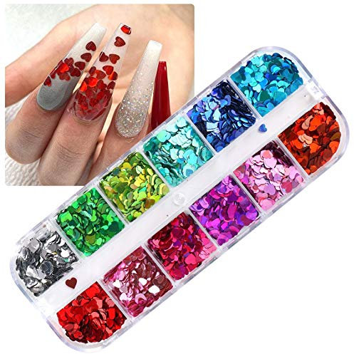Heart Nail Art Glitter Sequins, 3D Laser Love Heart Nail Decals Sticker Holographic Nail Sparkle Glitter for Manicure Make Up DIY Decals Decoration