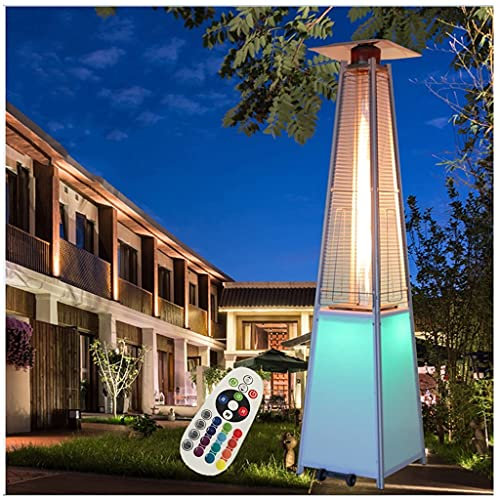 Chauffe-terrasse extérieur pyramidal 48000 BTU au propane avec lumières LED Flamme tube verre, roues, allumage par impulsion rapide, poêle chauffage extérieur à arrêt automatique
