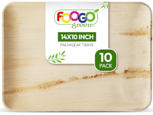 FOOGO Green 10 Disposable Palm Leaf Serving Trays, Large 14x10 inch (35x25cm), For Platters, Starters, Wedding Parties, Charcuterie Board, Eco Friendly Biodegradable Wooden Plates, Hot Food Trays