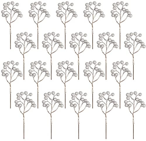 Fangoo 20 Pack 18cm Künstliche Silber Beeren für Weihnachtsbaum Deko Stechpalmenbeeren Zweige Dekorationen für Weihnachten Zuhause Holly Beeren für Handwerk Winter Urlaub Hochzeit Deko