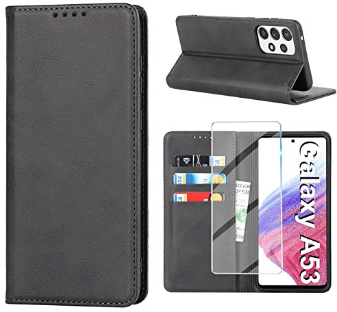 Handyhülle für Samsung Galaxy A53 5G Hülle mit Panzerglas Schutzfolie, Schutzhülle A53 Leder Wallet Kartenfach Standfunktion Stoßfest Klapphülle Hüllen Galaxy A53 5G Case Cover Klappbar (Schwarz)